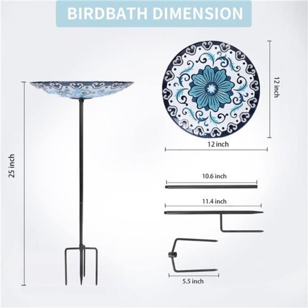 Glass Bird Baths, Garden Outdoor Birdbaths Birdfeeder with Metal Stake - Picture 2 of 8